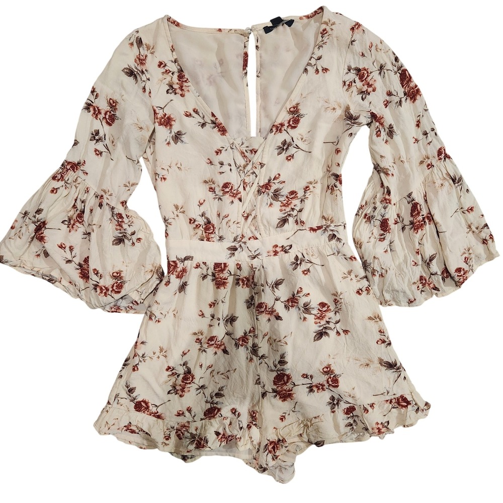 AE Floral Bell Sleeve Romper Cream Red XS‎ Festival renfaire cottagecore fairy